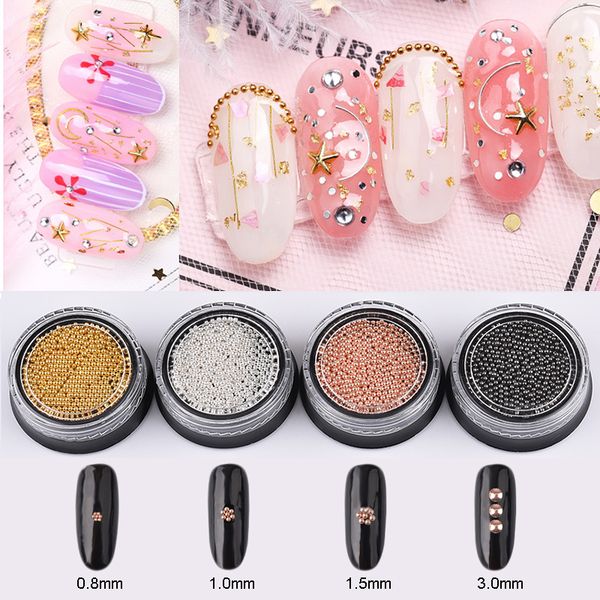 

1 box net weight 10g stainless steel micro caviar nail beads 0.8/1.0/1.5/3.0mm for nails art dekor ongle nail decoration tpj10, Silver;gold