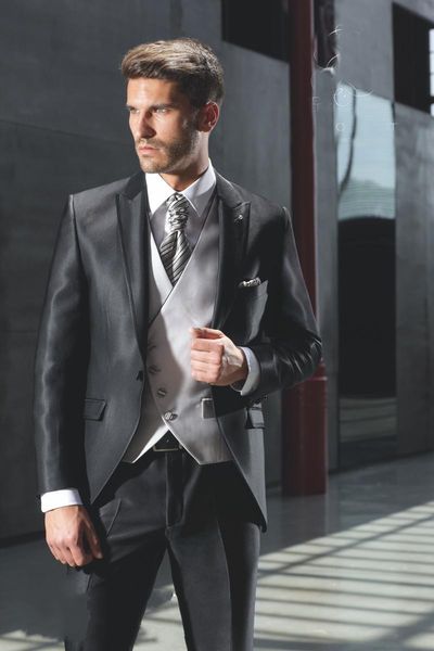 

charcoal black groom tuxedos peak lapel groomsmen mens wedding dress style man jacket blazer 3 piece suit(jacket+pants+vest+tie) 864, Black;gray