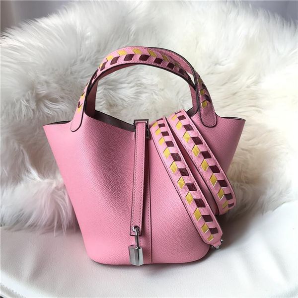 

elegant2019 weave ribbon coloured hand palm prints basket single shoulder portable head layer cowhide genuine leather woman package