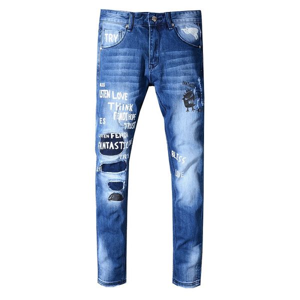 

мужские джинсы ретро проблемные разорвал designerjeans slim fit мотоцикл байкер роскошные джинсы осень мужские бренд брюки высшего качества, Blue