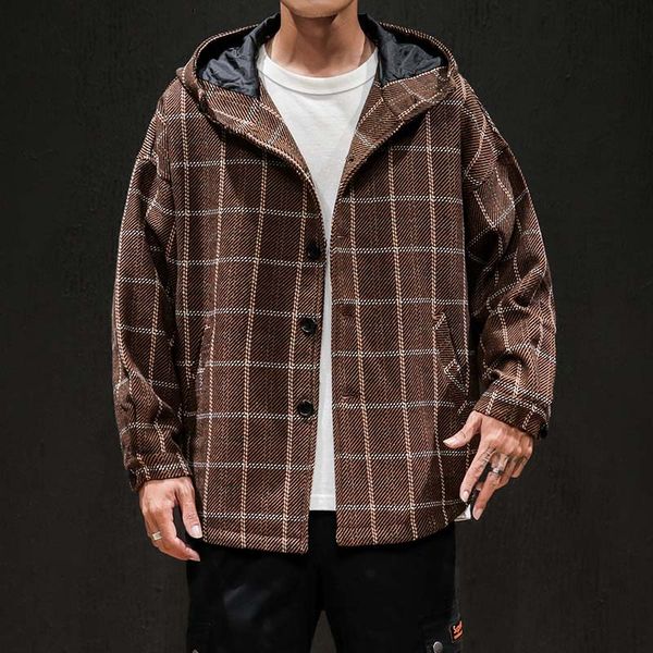 

casual men's plaid patchwork jackets and coats m-5xl plus size harajuku loose youth man autumn streetwear outerwear high quality, Black;brown