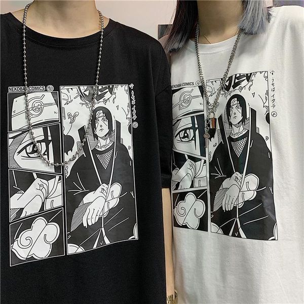 

100% cotton itachi uchiha man summer t shirt short sleeve o neck oversized clothes naruto print anime couple fashion, White;black