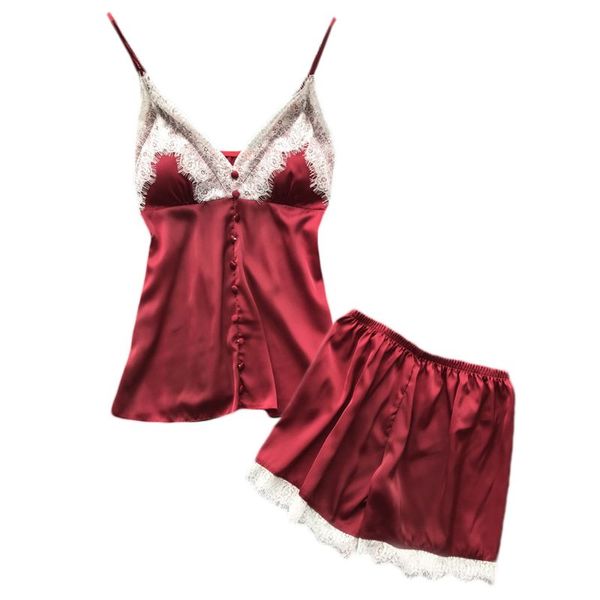 

women faux silk pajamas set eyelash floral lace patchwork button deep v-neck camisole tank loose shorts sleepwear, Black;red
