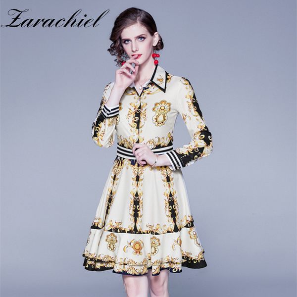 

fashion autumn golden baroque print dress women's vintage turn down collar long sleeve printed elegant collect waist mini dress, Black;gray