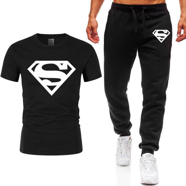 

men's tracksuits summer mens casual shirts + pants two pieces set pullover crew neck sportwear with superman print size -2xl wholesale, Gray