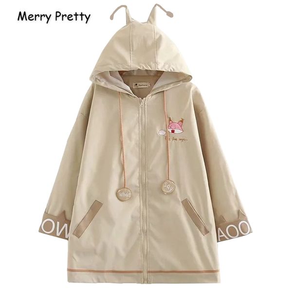 

merry pretty women cartoon embroidery long basic jackets 2019 autumn winter long sleeve zippers loose hooded outerwear coat, Black;brown
