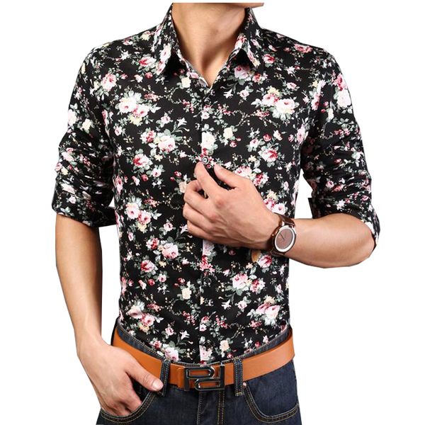 

2016 men's long sleeve casual shirt slim fit camisa masculina floral pattern shirt men 14 colors size -xxxl, White;black