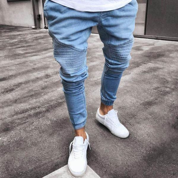 

men's solid color elastic denim feet jeans pants stretchy slim fit denim pants casual long straight trousers skinny jeans, Blue