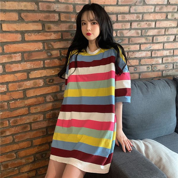 

2020 лето с коротким рукавом футболка женская сыпучие-fit радуга stripes конфеты цветные полосы женщин рубашки, White