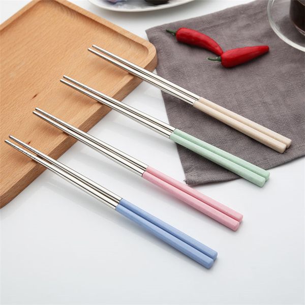 

eco-friendly silver chopsticks stainless steel 304 with plastic wheat straw handle 4 colors chinese chopsticks wholesale