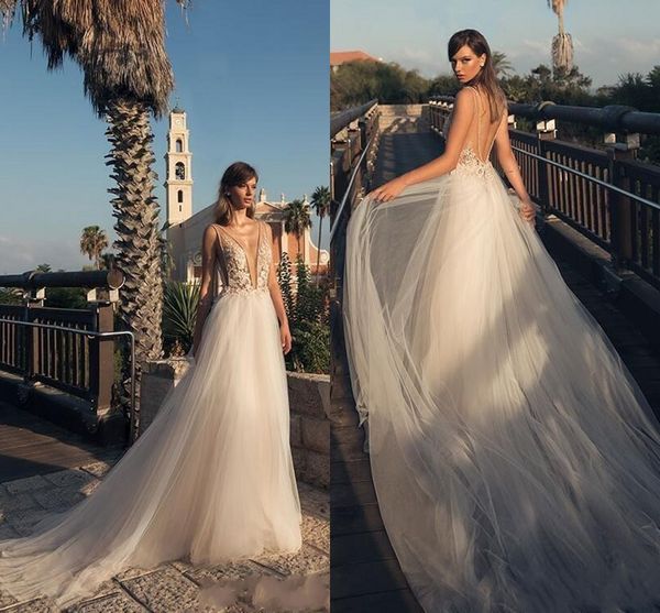 

2019 Zuhair Murad Country Style Wedding Dresses Deep V Neck Beaded Lace Appliqued Tulle Long Bridal Gowns Sexy Wedding Dress