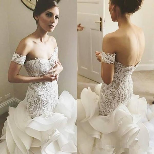

2019 gorgeous ruffles mermaid wedding dresses lace appliques sweetheart off shoulder neck bridal gown csutom made vestido de novia, White