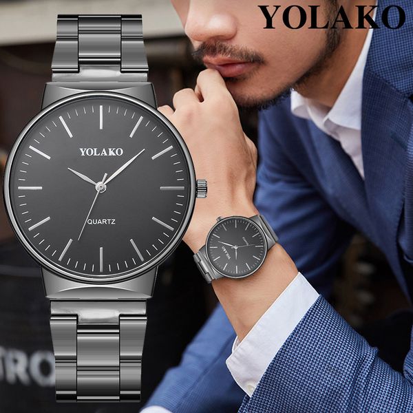 

yolako men's watch luxury quartz wristwatch men watches clock business fashion stainless watchband buckle strap 2019, Slivery;brown