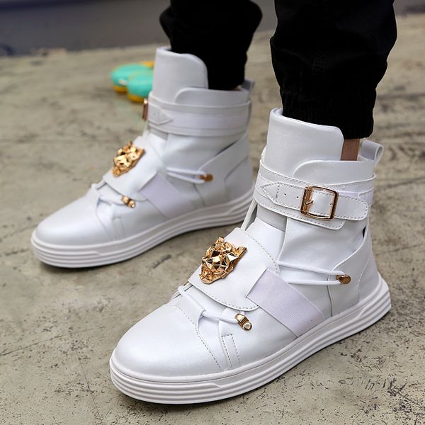 

mens shoes punk rivet metal hip hop boots white solid dance platform flats fashion buckle high zapatillas hombre yasilaiya, Black