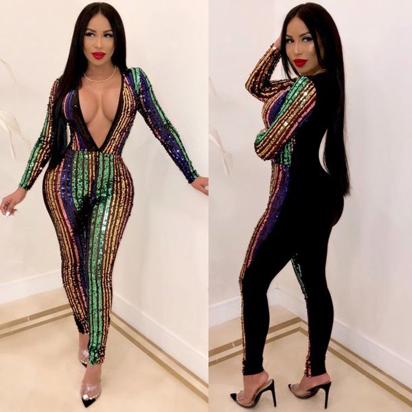 

ahvit sparkly colourful striped sequined party jumpsuits long sleeve deep v neck skinny romper bodycon jumpsuits b9154, Black;white