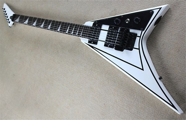 Chitarra elettrica a coda di rondine a forma di V speciale, tremolo nero, strisce nere con corpo bianco, 24 tasti e tastiera in palissandro.