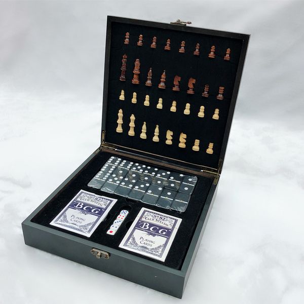 

4 in 1 wooden international chess + poker + dice + domino family party entertainment table board games
