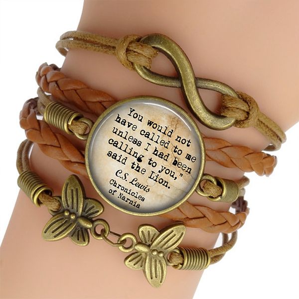 

chronicles of narnia quote glass cabochon bracelet punk woven leather bracelet bangle infinity jewelry for men for women, Golden;silver