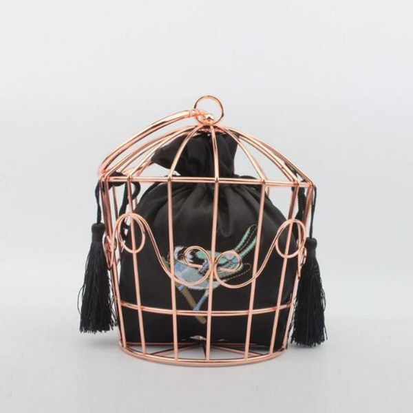 

women's hollow birdcage evening bags clutch metal frame embroidery bucket bird cage mini bag purse women gold tassel handbags