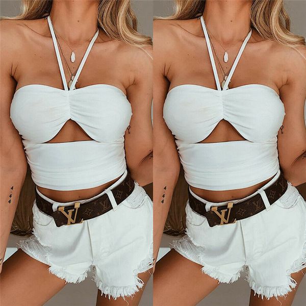 

высокое качество tank tops лето женщины повседневная solid color белый sexy жилет блузка без рукавов crop верхняя рубашка висит шеи дизайн, White