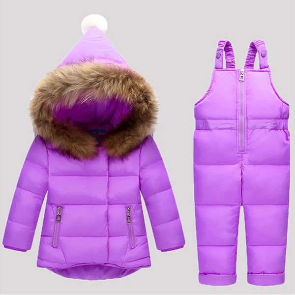 

winter children clothing sets jumpsuit snow jackets+bib pant 2pcs set baby boy girls duck down coats jacket with fur hood, Blue;gray
