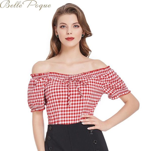 

belle poque vintage plaided off shoulder short slleve ruffled women summer 2020 new, White