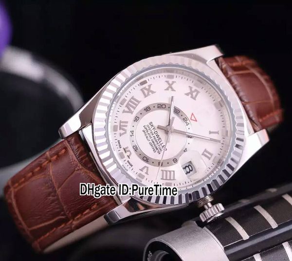 

новый стальной корпус серебряный циферблат roma mark date asain 2813 автоматические мужские часы rollie sky-dweller 326139 коричневый кожаны, Slivery;brown