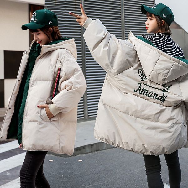 

jacket women 2019 winter thick warm hooded sustans coats ins office lady loose letter embroidery pocket parkas jacke damen parka, Black