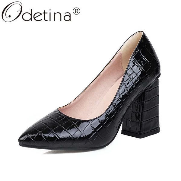 

odetina women fashion plaid slip on block high heel party shoes female pointed toe non-slip sewing office lady dress shoes, Black