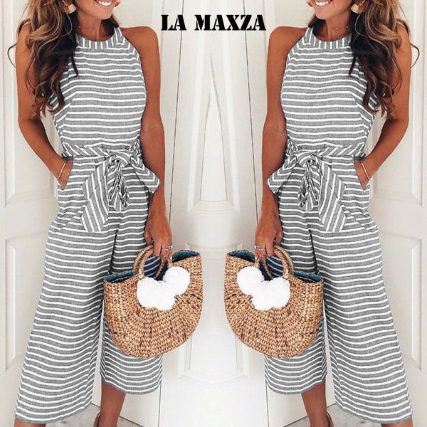 

casual strapless o neck summer romper jumpsuit woman 2018 bandage striped bodysuits wide leg one piece playsuits women, Black;white