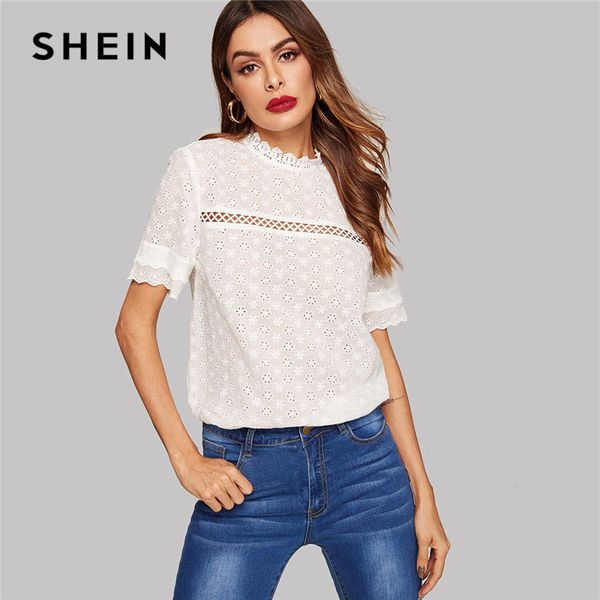 

shein eyelet embroidered lace insert mock neck solid blouse summer stand collar bohemian cotton women and blouses, White
