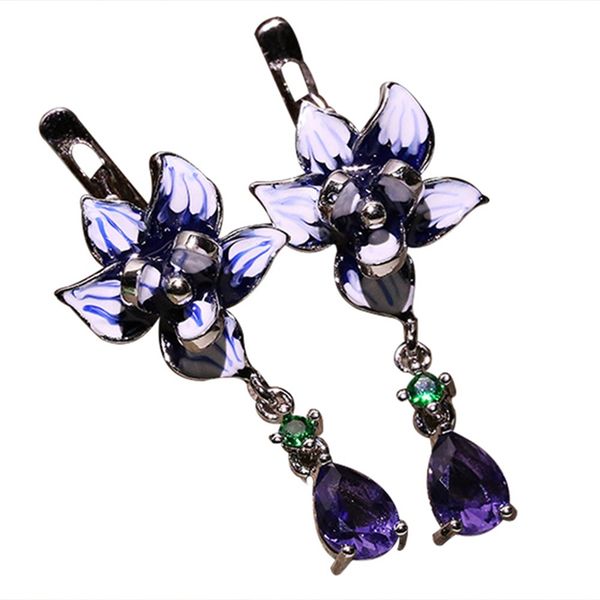 

women's fashion enamel elegant purple flower dangle earrings temperate bright zircon blooming earrings wedding jewelry, Silver