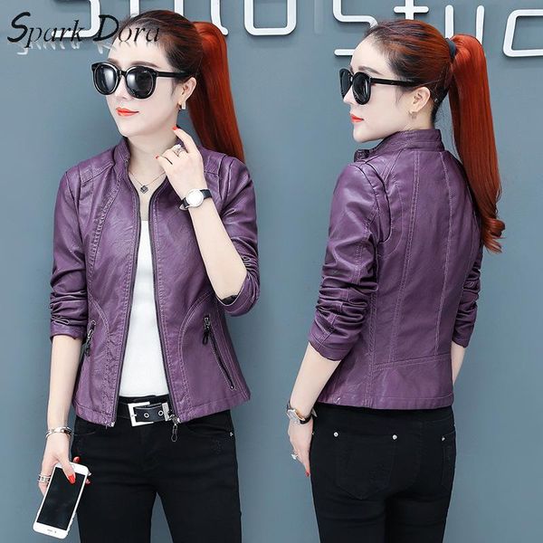 

sparkdora 2019 мотоцикла кожаное пальто женщин весной и осенью корейский стиль mock neck slim fit черный фиолетовый pu leather jacket, Black;brown