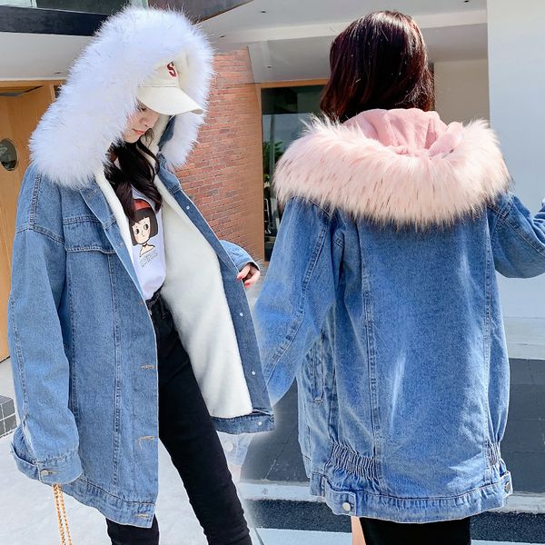 

2019 winter new products women's dress hooded mid-length brushed and thick large fur collar cowboy cotton-padded clothes, Blue;black