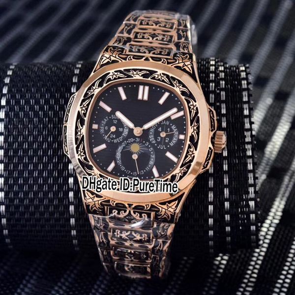 

новый 5740 чпу гравировка панк двухцветная pvd розовое золото черный текстурный циферблат автоматическая фаза луны комплексная функция мужск, Slivery;brown