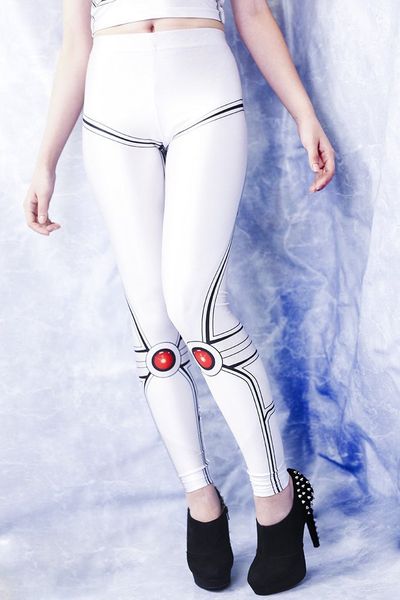 

digital printing knee red dot robot slimming stripes tight leggings, Black