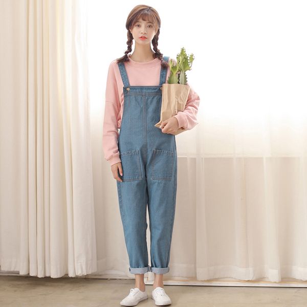 

a women belt pants korean version new style loose harajuku student summer and autumn cute jeans suspender, Blue