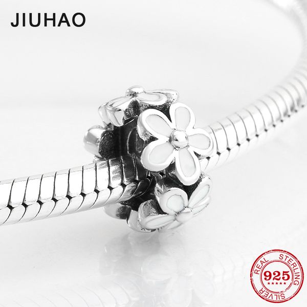 

925 sterling silver white elegant flower beads womens accessories fit original pandora charms bracelet jewelry making, Golden;silver