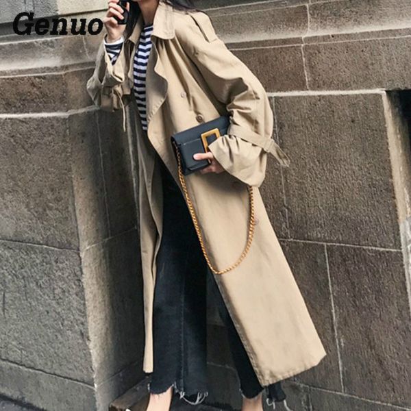 

women's trench coats ankle length under knee x-long spring autumn women coat khaki belted girl british style 2021 long outwear, Tan;black