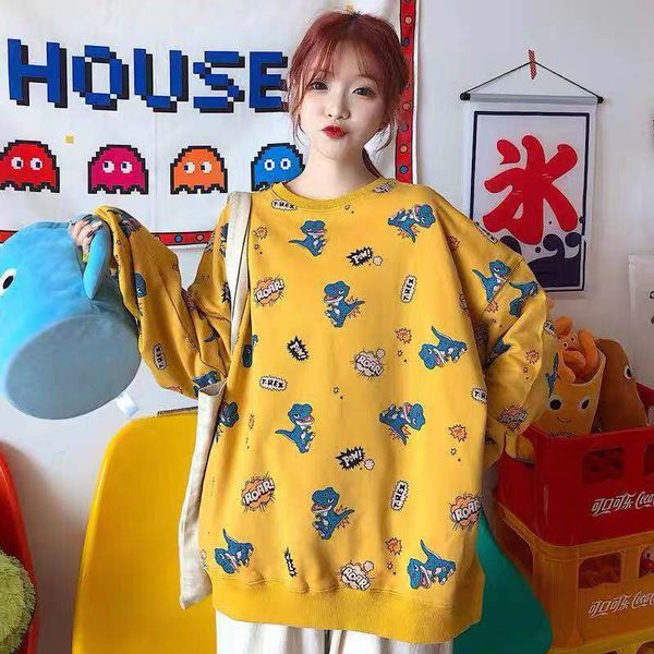 

ulzzang осень женский harajuku мода толстовка повседневный сыпучие s-2xl dinosaur мультфильм с капюшоном ins пуловеры фуфайки женщины девушк, Black