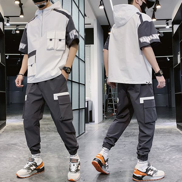 

men set summer hip hop hooded letter printed t shrits + pant men sweat suit two piece suit clothing 2020, Gray