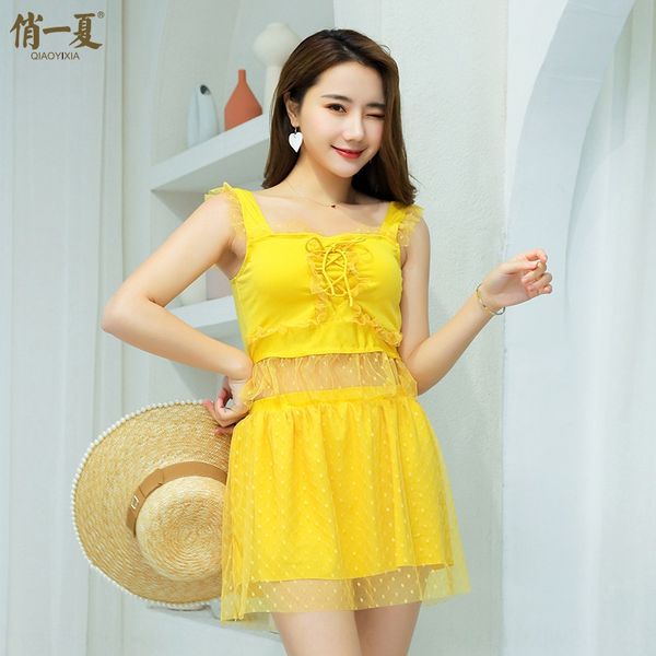 

2020 lace split flat angle conservative skirt swimsuit women's belly-exposed slim swimsuit, White;black