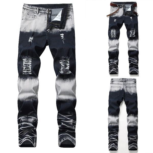 

2019 new straight trend men jeans fashion design pants large size retro patchwork hole male personality ripped jeans pants, Blue