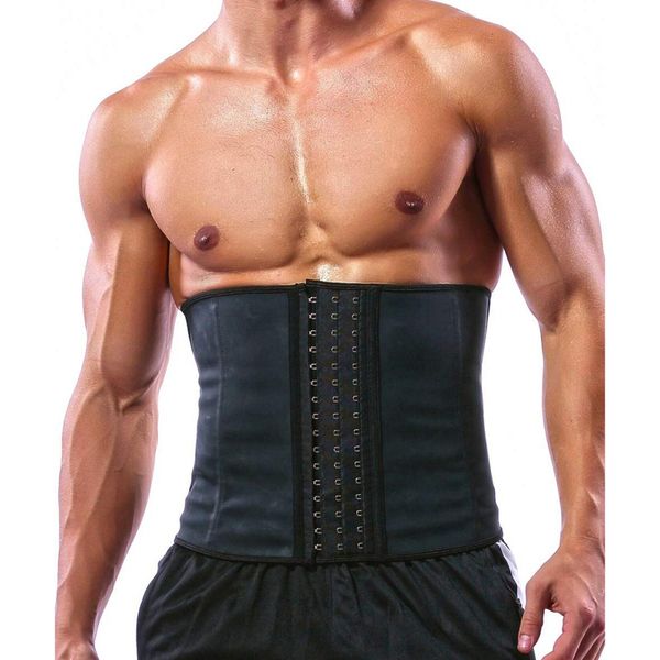 

quality 100% latex men waist trainer corsets with steel bone sweat belt sauna suit for fitness, Black;gray