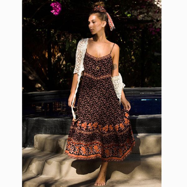 

floral boho chic maxi dress women 2019 summer sleeveless strapless dress ladies bohemian hippie beach party long dress, Black;gray