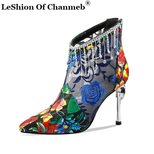 

2020 chic flower embroidery crystal stiletto heel women boots air mesh spring summer wedding booties elegant lady shoes new, Black