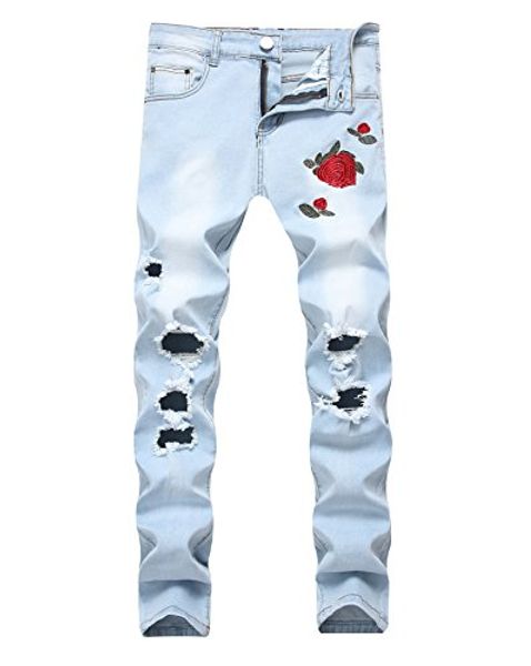 

sarriben men's slim fit stretch pants ripped black jeans with floral rose embroidery, Blue
