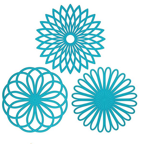 

3 set silicone multi-use flower trivet mat - premium quality insulated flexible durable non slip coasters pads blue