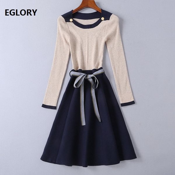 

2019 autumn winter fashion sweater dress woman metal studs deco striped belt long sleeve color block knitted dress, Black;gray