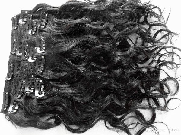 

brazilian human virgin remy hair extensions 9 pieces clip in hair wave hair jet black color, Black;brown